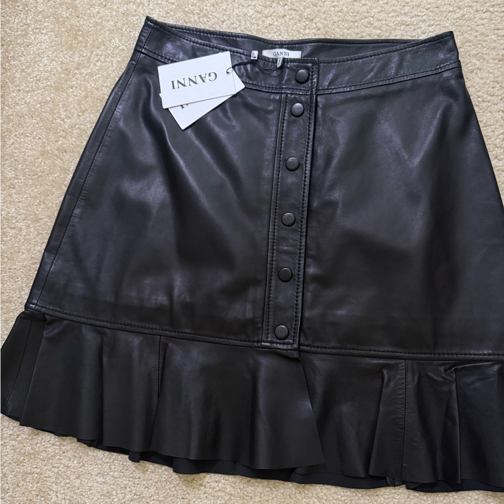 Ganni Black Button-Front Leather Mini Skirt 38